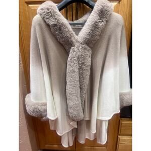 Cream and Tan Faux Fur Trimmed Cape | One Size